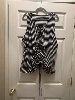 Ruched Black & White Striped Tank Top